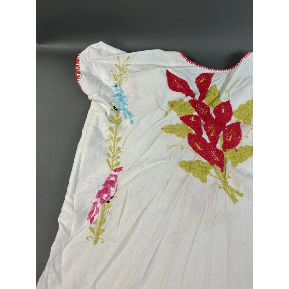 Hand Embroidered Mexican Bird Floral Tunic Blouse White Cotton Boho Folk Est Lg